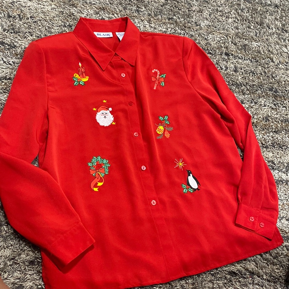 Vintage Blair Christmas button front long sleeve blouse size medium red